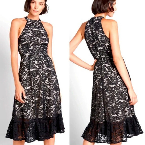 NWT ModCloth A Night Like This Black White Lace Halter Formal Maxi Dress Size 8 - Picture 1 of 15